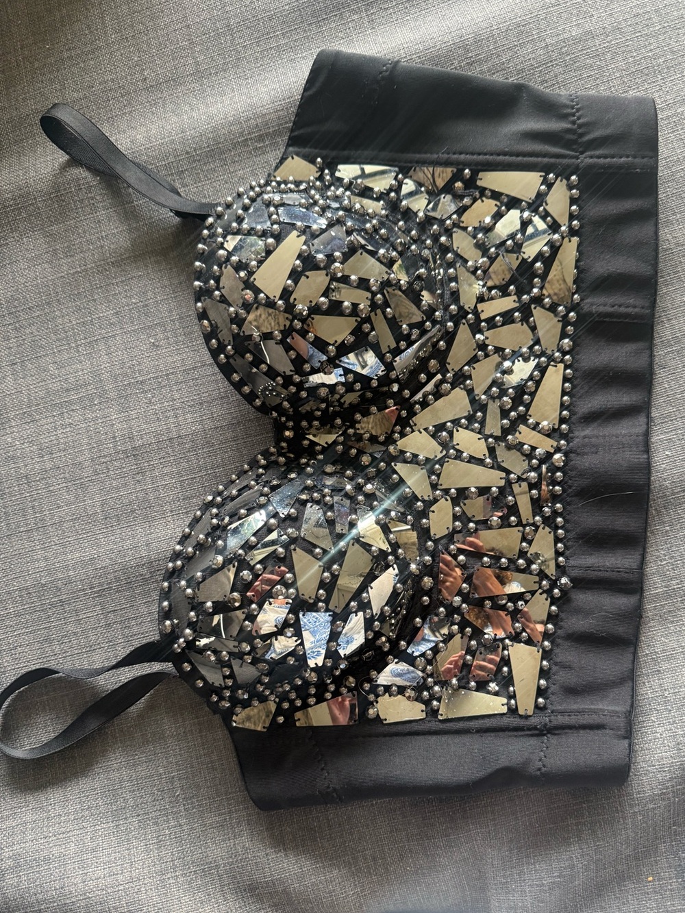 Black Embellished Mirror Mosaic Crop Top